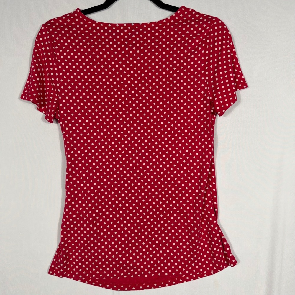 Talbots Petites Red White Polka Dot Faux Wrap Ruched V-Neck Top MP Minimalist - Picture 3 of 7